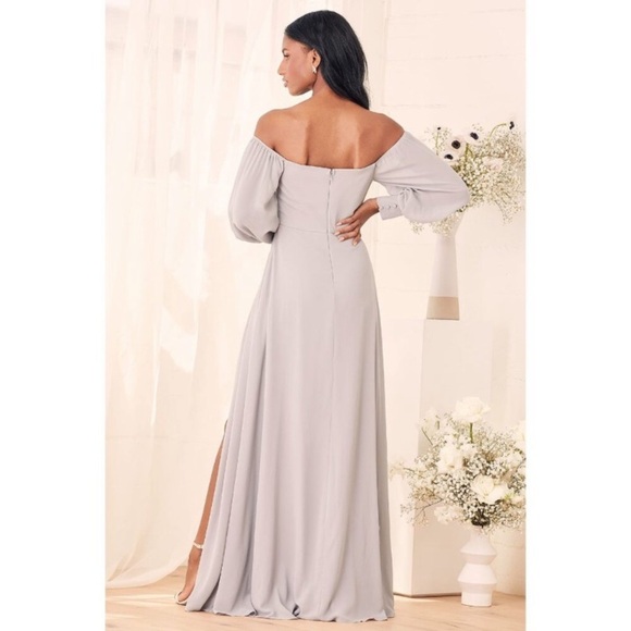 NWT LULU’S Off Shoulder Chiffon Maxi Dress in Pale Grey - Picture 4 of 10